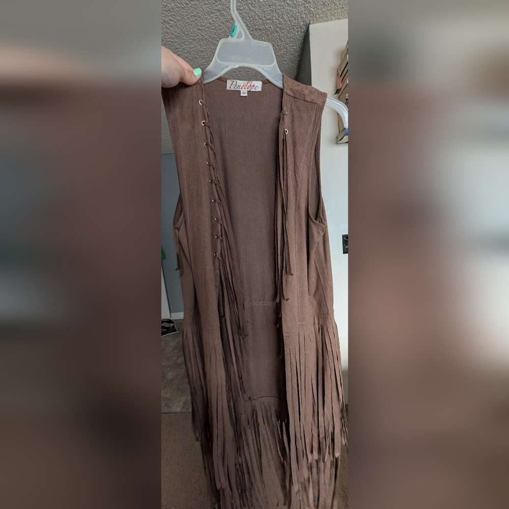 Brown Suede Fringe Vest Kimono